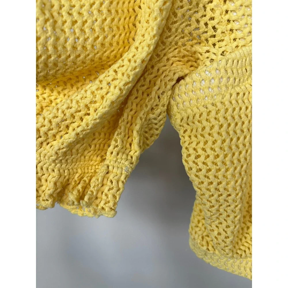 Montce Swim Yellow Crochet Puff Sleeve Bikini Top Crop Top Square Neck Large